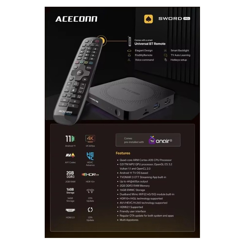 Box IPTV Acecconn Sword Pro+ – Android 11, 4K Ultra HD, HDR, WiFi et Bluetooth