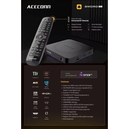 Box IPTV Acecconn Sword Pro+ – Android 11, 4K Ultra HD, HDR, WiFi et Bluetooth